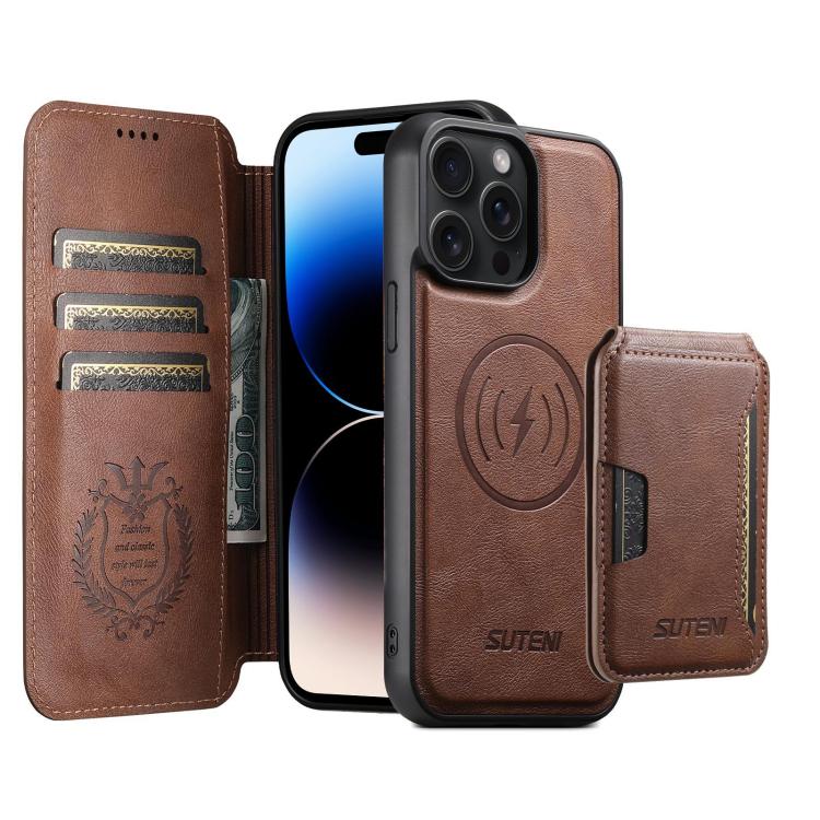 Funda de cuero Suteni Q05S3 3 en 1 con tapa vertical desmontable y función MagSafe para iPhone 14 Pro Max (marrón)