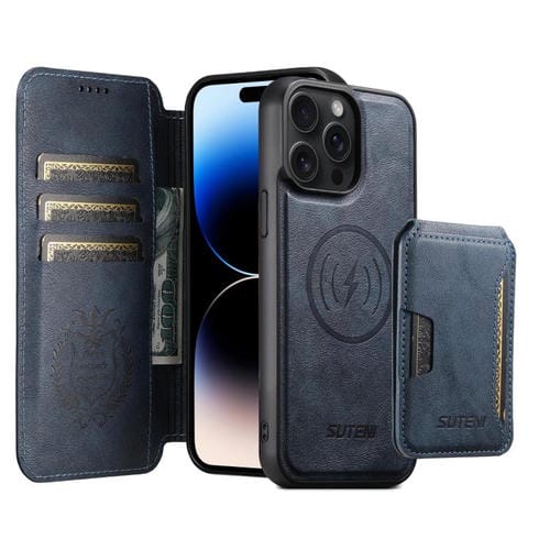 Funda de cuero Suteni Q05S3 3 en 1 con tapa vertical desmontable y función de cierre magnético para iPhone 14 Pro Max (azul)