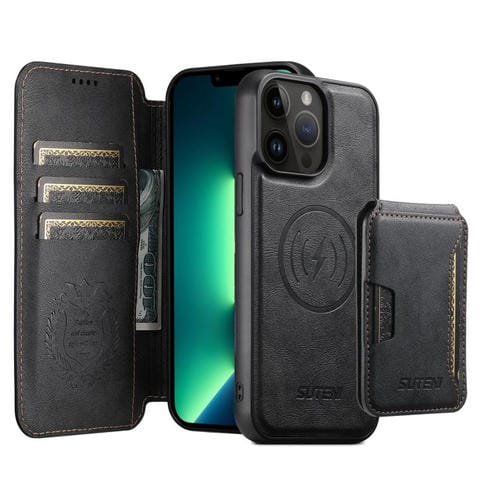 Funda de cuero Suteni Q05S3 3 en 1 con tapa vertical desmontable y función de cierre magnético para iPhone 13 Pro Max (negro)