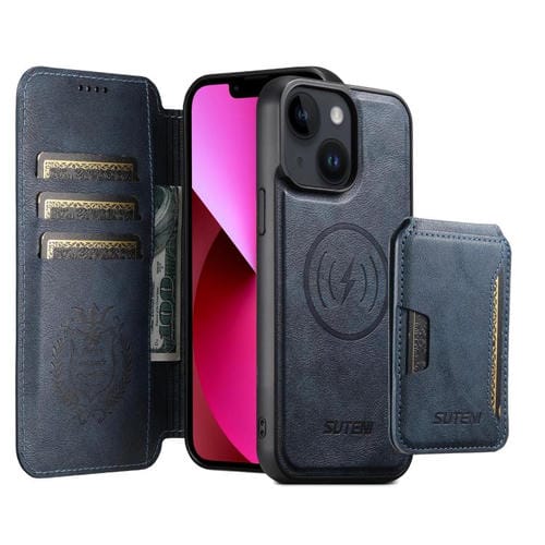 Funda de cuero Suteni Q05S3 3 en 1 con tapa vertical desmontable y función de cierre magnético para iPhone 13 (azul)