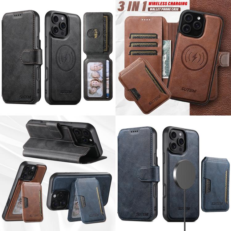 Funda de cuero Suteni Q05S3 3 en 1 con tapa vertical desmontable y función MagSafe para iPhone 15 Pro Max (marrón)