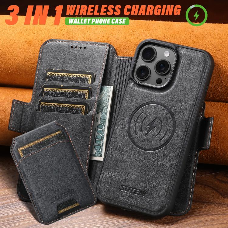Funda de cuero Suteni Q06S2 3 en 1 con tapa vertical desmontable y cierre MagSafe para iPhone 16 Pro Max (negra)