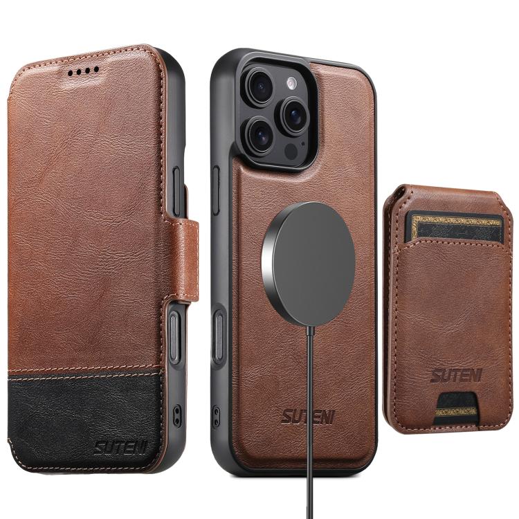 Funda de cuero Suteni Q06S2 3 en 1 con tapa vertical desmontable y cierre MagSafe para iPhone 16 Pro Max (marrón)