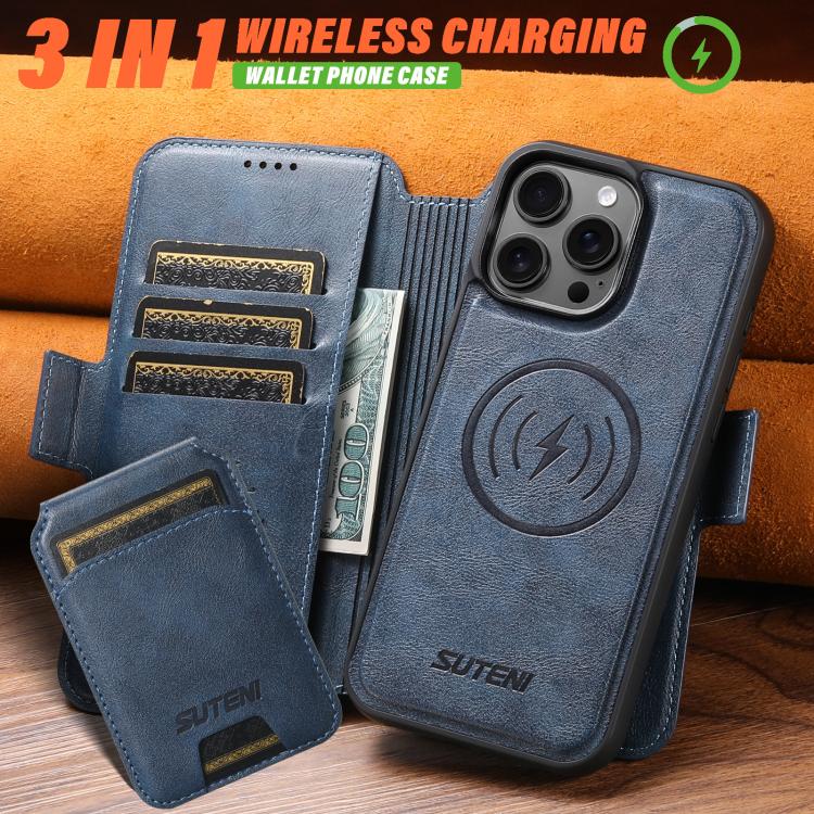 Funda de cuero Suteni Q06S2 3 en 1 con tapa vertical desmontable y cierre MagSafe para iPhone 16 Pro Max (azul)