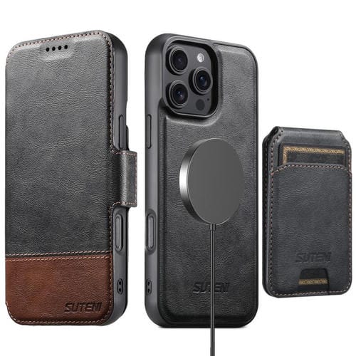 Funda de cuero Suteni Q06S2 3 en 1 con tapa vertical desmontable y cierre MagSafe para iPhone 16 Pro (negra)