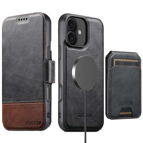 Funda de cuero Suteni Q06S2 3 en 1 con tapa vertical desmontable y cierre MagSafe para iPhone 16 (negra)