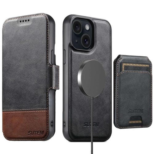 Funda de cuero Suteni Q06S2 3 en 1 con tapa vertical desmontable y cierre MagSafe para iPhone 15 Plus (negra)