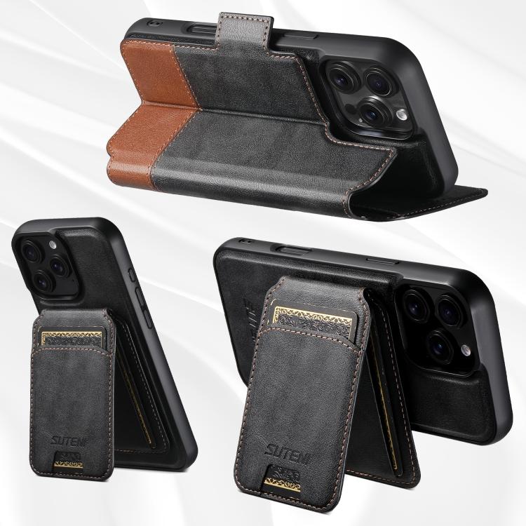 Funda de cuero Suteni Q06S2 3 en 1 con tapa vertical desmontable y cierre MagSafe para iPhone 15 (negra)