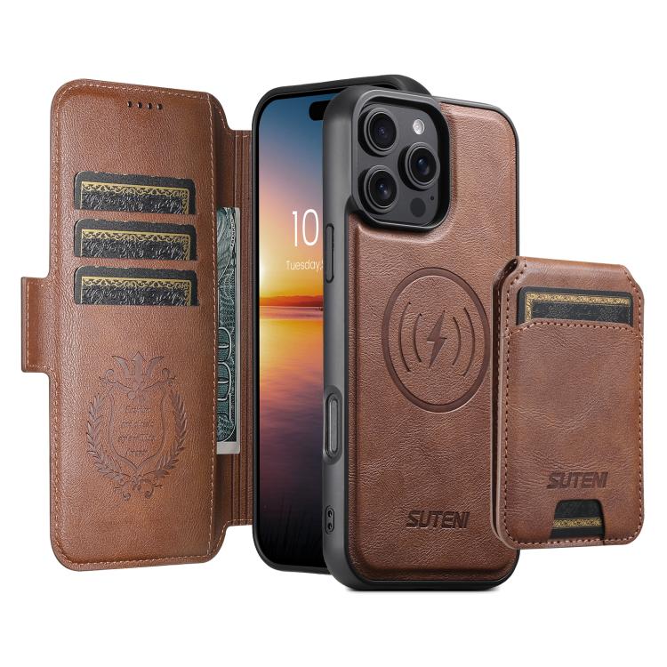 Funda de cuero Suteni Q06S2 3 en 1 con tapa vertical desmontable y cierre MagSafe para iPhone 14 Pro (marrón)