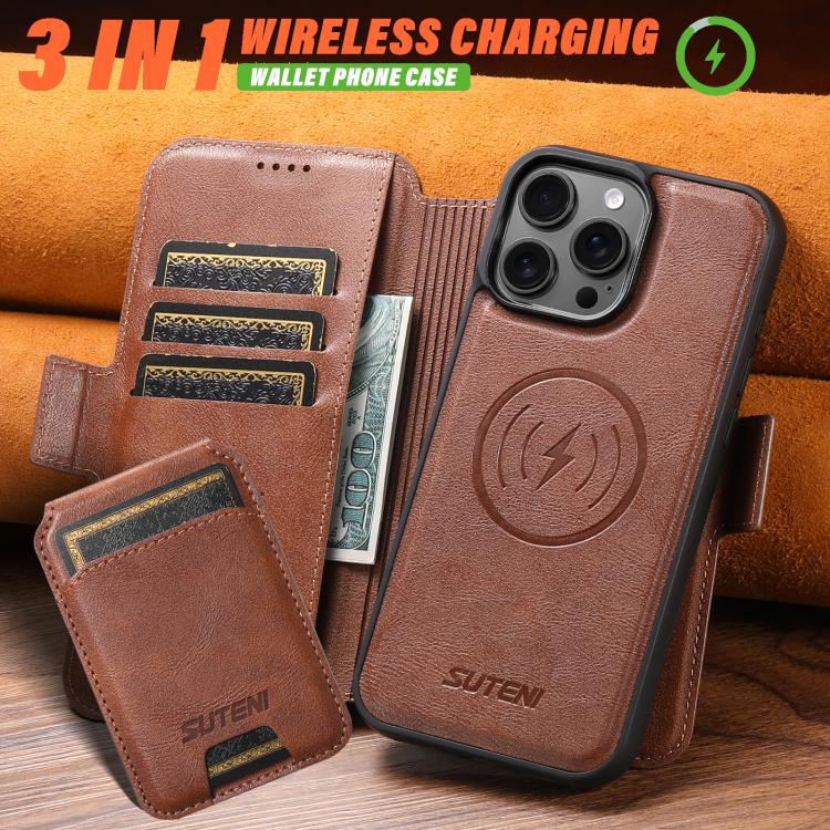 Funda de cuero Suteni Q06S2 3 en 1 con tapa vertical desmontable y cierre MagSafe para iPhone 12 Pro Max (marrón)