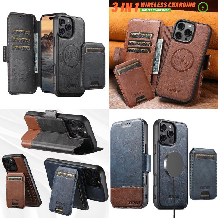 Funda de cuero Suteni Q06S2 3 en 1 con tapa vertical desmontable y cierre MagSafe para iPhone 15 Pro (negra)