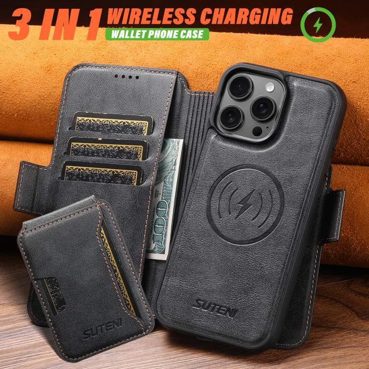 Funda de cuero Suteni Q06S3 3 en 1 con tapa vertical desmontable y cierre magnético para iPhone 16 Pro Max (negro)