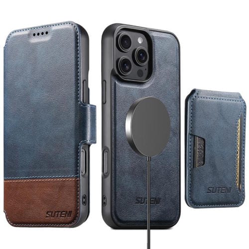 Funda de cuero Suteni Q06S3 3 en 1 con tapa vertical desmontable y cierre magnético para iPhone 16 Pro (azul)