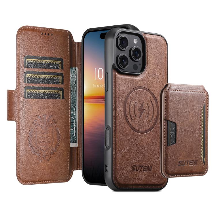 Funda de cuero Suteni Q06S3 3 en 1 con tapa vertical desmontable y cierre magnético para iPhone 15 Pro Max (marrón)
