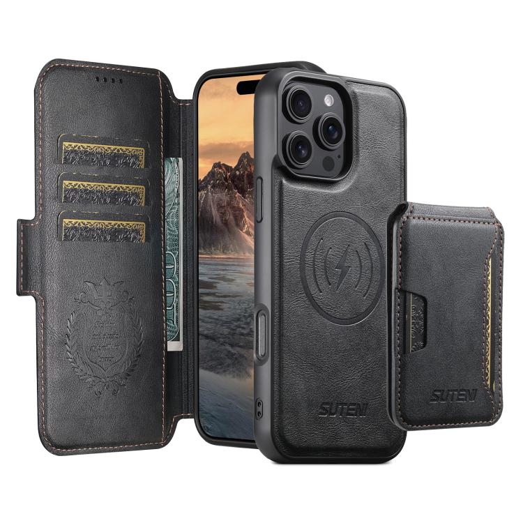 Funda de cuero Suteni Q06S3 3 en 1 con tapa vertical desmontable y cierre magnético para iPhone 15 Pro (negro)