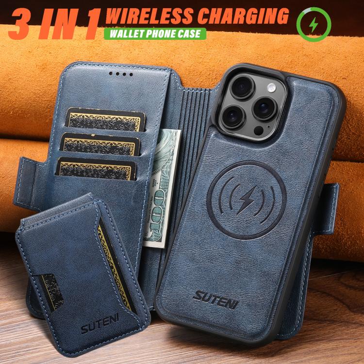 Funda de cuero Suteni Q06S3 3 en 1 con tapa vertical desmontable y cierre magnético para iPhone 15 Pro (azul)