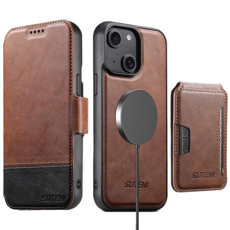 Funda de cuero Suteni Q06S3 3 en 1 con tapa vertical desmontable y cierre magnético para iPhone 15 (marrón)