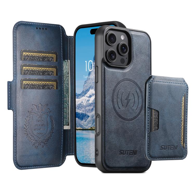Funda de cuero Suteni Q06S3 3 en 1 con tapa vertical desmontable y cierre magnético para iPhone 15 (azul)