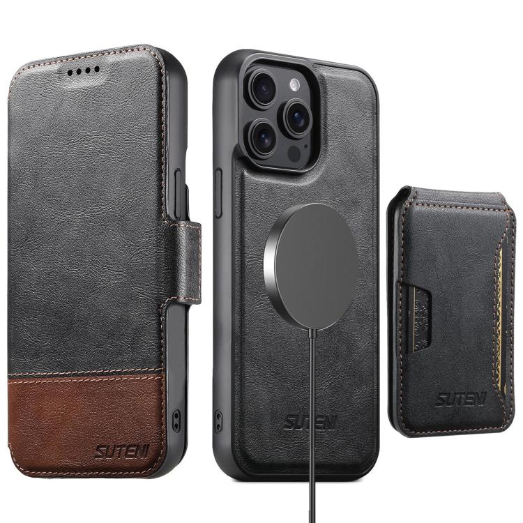 Funda de cuero Suteni Q06S3 3 en 1 con tapa vertical desmontable y cierre magnético para iPhone 14 Pro (negro)
