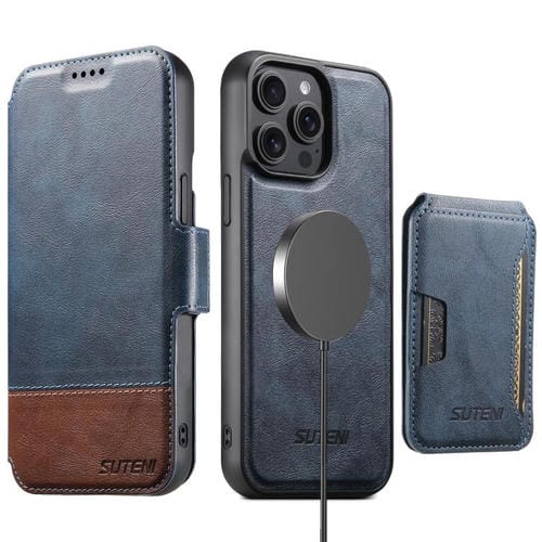 Funda de cuero Suteni Q06S3 3 en 1 con tapa vertical desmontable y cierre magnético para iPhone 14 Pro (azul)