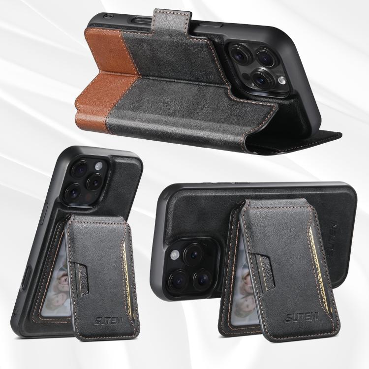Funda de cuero Suteni Q06S3 3 en 1 con tapa vertical desmontable y cierre magnético para iPhone 14 Pro Max (negro)