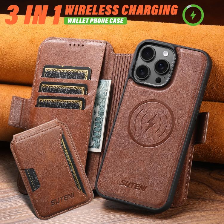 Funda de cuero Suteni Q06S3 3 en 1 con tapa vertical desmontable y cierre magnético para iPhone 14 Pro Max (marrón)