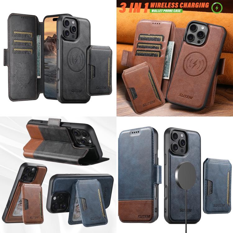 Funda de cuero Suteni Q06S3 3 en 1 con tapa vertical desmontable y cierre magnético para iPhone 14 Pro (marrón)