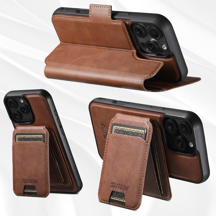 Funda de cuero Suteni Q07S2 3 en 1 con tapa vertical desmontable y cierre MagSafe para iPhone 16 Pro Max (marrón)