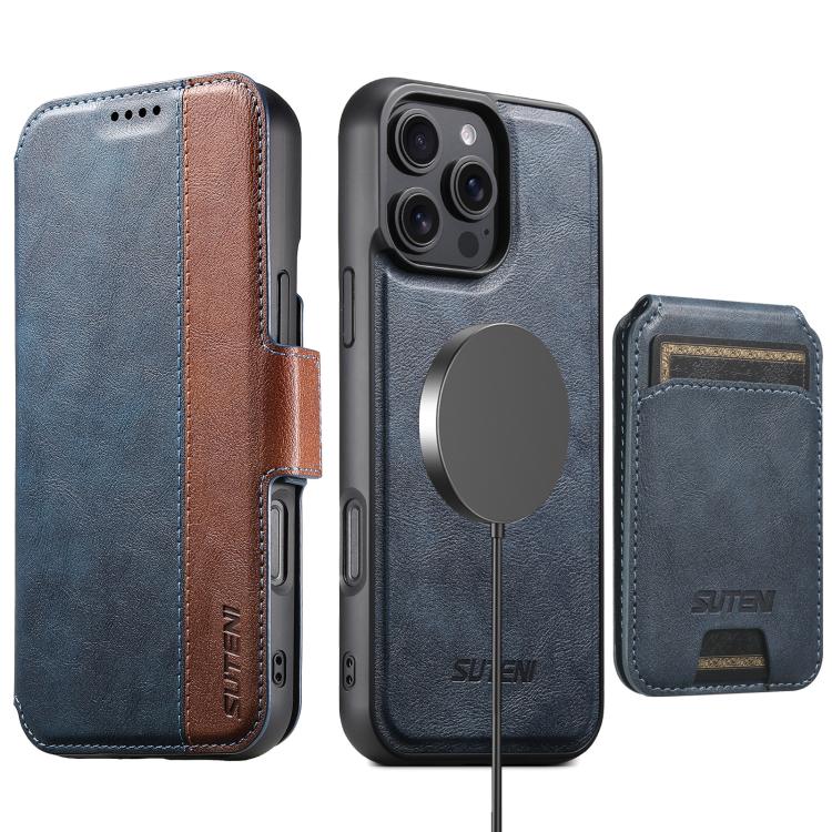 Funda de cuero Suteni Q07S2 3 en 1 con tapa vertical desmontable y cierre MagSafe para iPhone 16 Pro Max (azul)