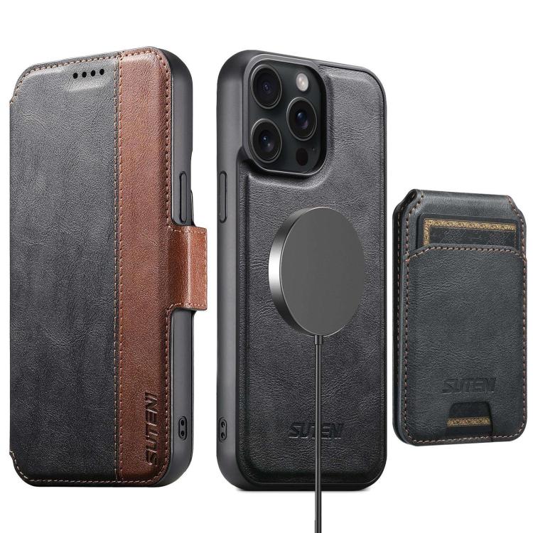 Funda de cuero Suteni Q07S2 3 en 1 con tapa vertical desmontable y cierre MagSafe para iPhone 15 Pro Max (negra)