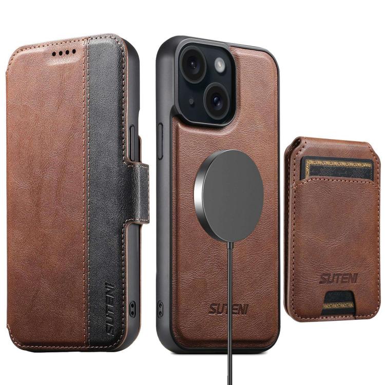 Funda de cuero Suteni Q07S2 3 en 1 con tapa vertical desmontable y cierre MagSafe para iPhone 15 Plus (marrón)