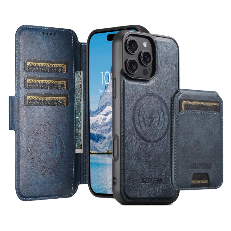Funda de cuero Suteni Q07S2 3 en 1 con tapa vertical desmontable y cierre MagSafe para iPhone 15 Plus (azul)