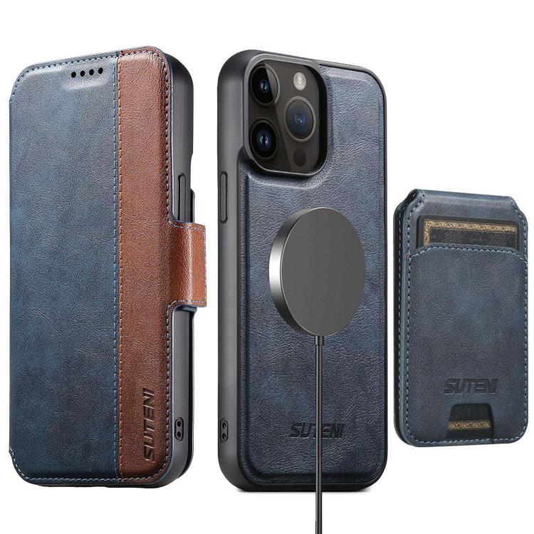 Funda de cuero Suteni Q07S2 3 en 1 con tapa vertical desmontable y cierre MagSafe para iPhone 14 Pro (azul)