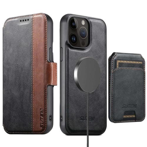 Funda de cuero Suteni Q07S2 3 en 1 con tapa vertical desmontable y cierre MagSafe para iPhone 14 Pro Max (negro)