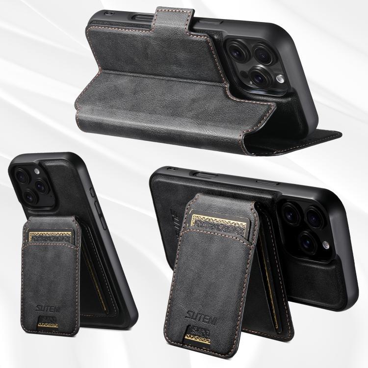 Funda de cuero Suteni Q07S2 3 en 1 con tapa vertical desmontable y cierre MagSafe para iPhone 14 Pro Max (negro)