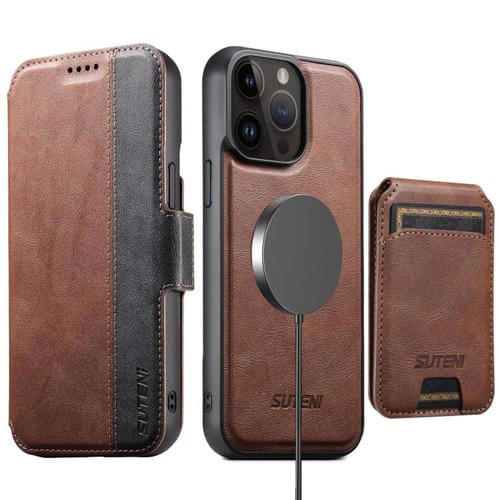 Funda de cuero Suteni Q07S2 3 en 1 con tapa vertical desmontable y cierre MagSafe para iPhone 14 Pro Max (marrón)