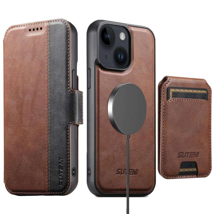 Funda de cuero Suteni Q07S2 3 en 1 con tapa vertical desmontable y cierre MagSafe para iPhone 13 (marrón)