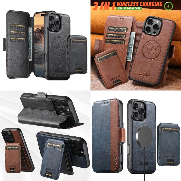 Funda de cuero Suteni Q07S2 3 en 1 con tapa vertical desmontable y cierre MagSafe para iPhone 15 Pro (marrón)