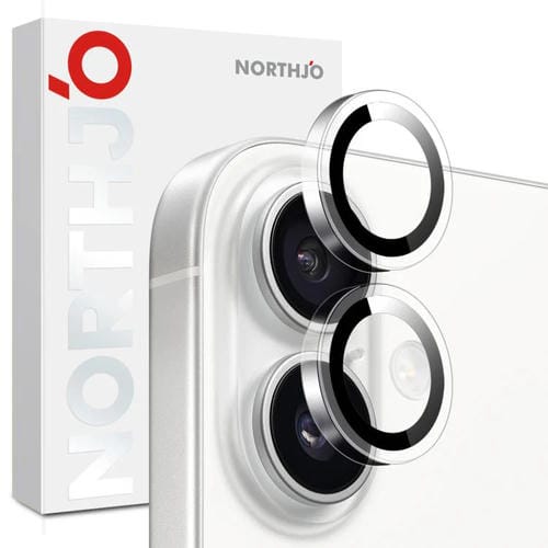 Protector de lente de cámara NORTHJO para iPhone 16/16 Plus, película de vidrio templado con anillo transparente (transparente)