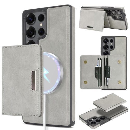 Funda de cuero con adhesivo lateral para Samsung Galaxy S24 Ultra, con anillo magnético MagSafe de doble pliegue y fuerte capacidad de carga (gris)