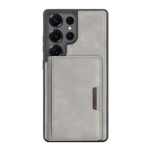 Funda de cuero con adhesivo lateral para Samsung Galaxy S24 Ultra, con anillo magnético MagSafe de doble pliegue y fuerte capacidad de carga (gris)