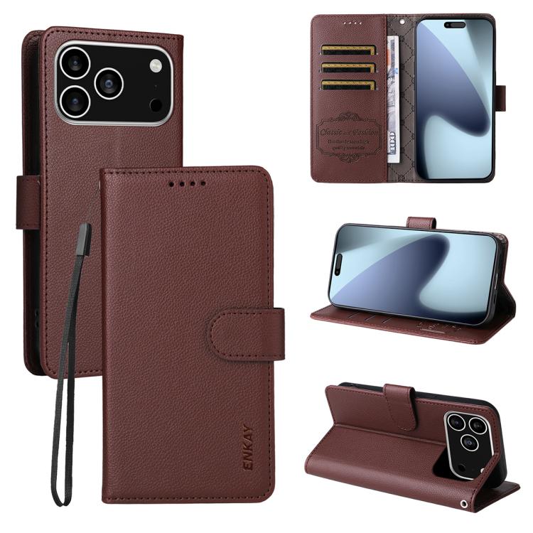 ENKAY - Funda de piel con textura de lichi y función atril para iPhone 17 Pro Max (marrón)