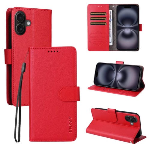 ENKAY - Funda de piel con textura de lichi y bloqueo RFID para iPhone 17 (roja)