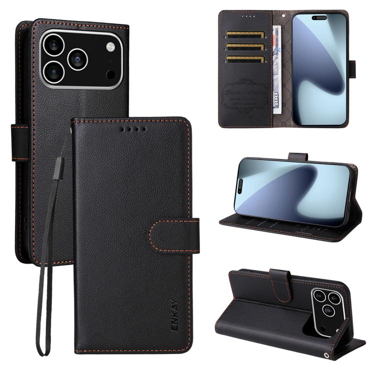 ENKAY - Funda de piel con textura de lichi y bloqueo RFID para iPhone 16e (negro)