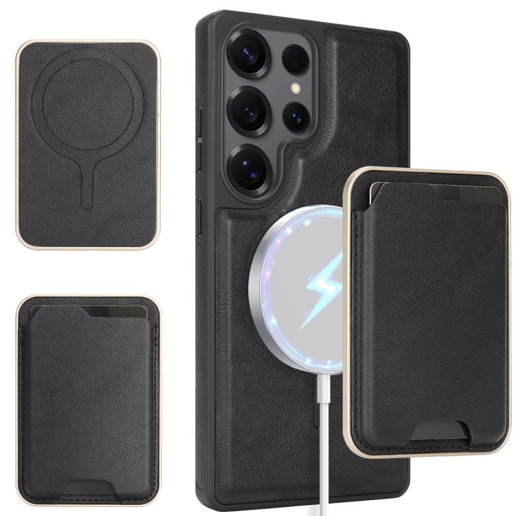 Funda de cuero con etiqueta lateral para Samsung Galaxy S25 Ultra 5G, con anillo magnético Kalebol Slim MagSafe y tarjetero (negro)