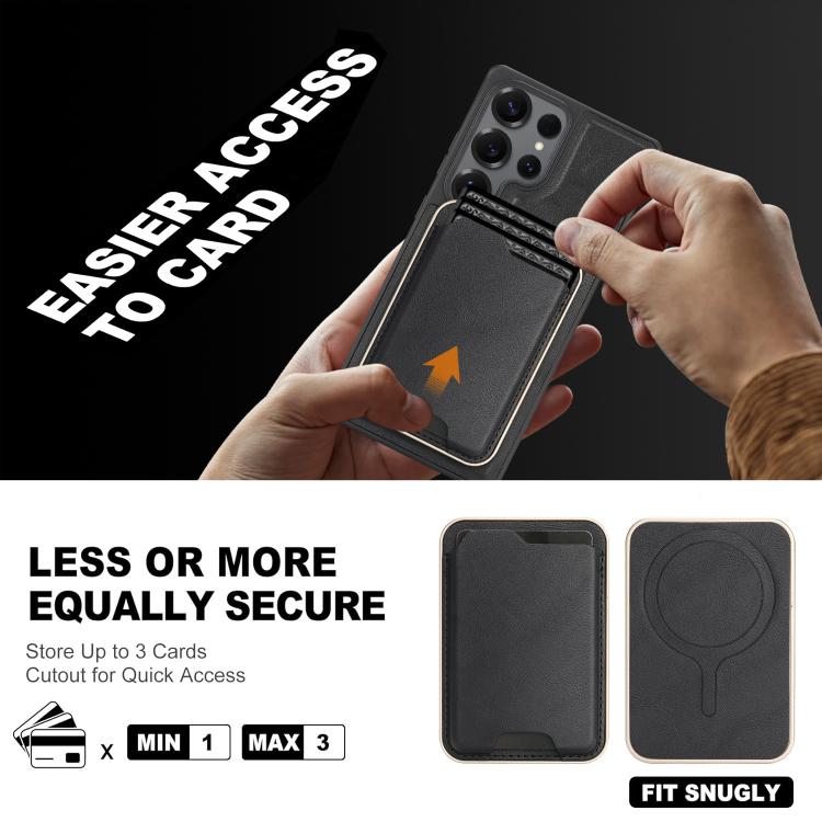 Funda de cuero con etiqueta lateral para Samsung Galaxy S25 Ultra 5G, con anillo magnético Kalebol Slim MagSafe y tarjetero (negro)