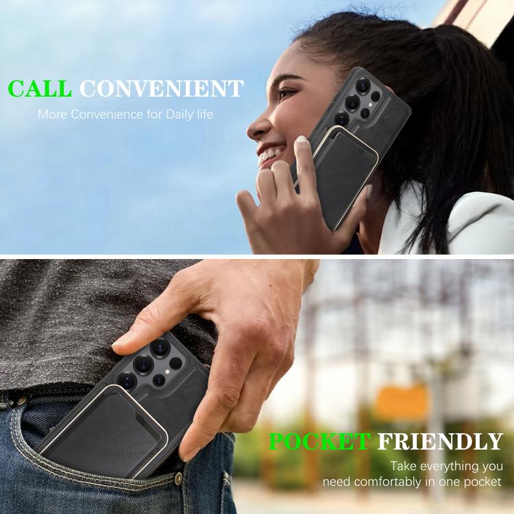 Funda de cuero con etiqueta lateral para Samsung Galaxy S25 Ultra 5G, con anillo magnético Kalebol Slim MagSafe y tarjetero (negro)