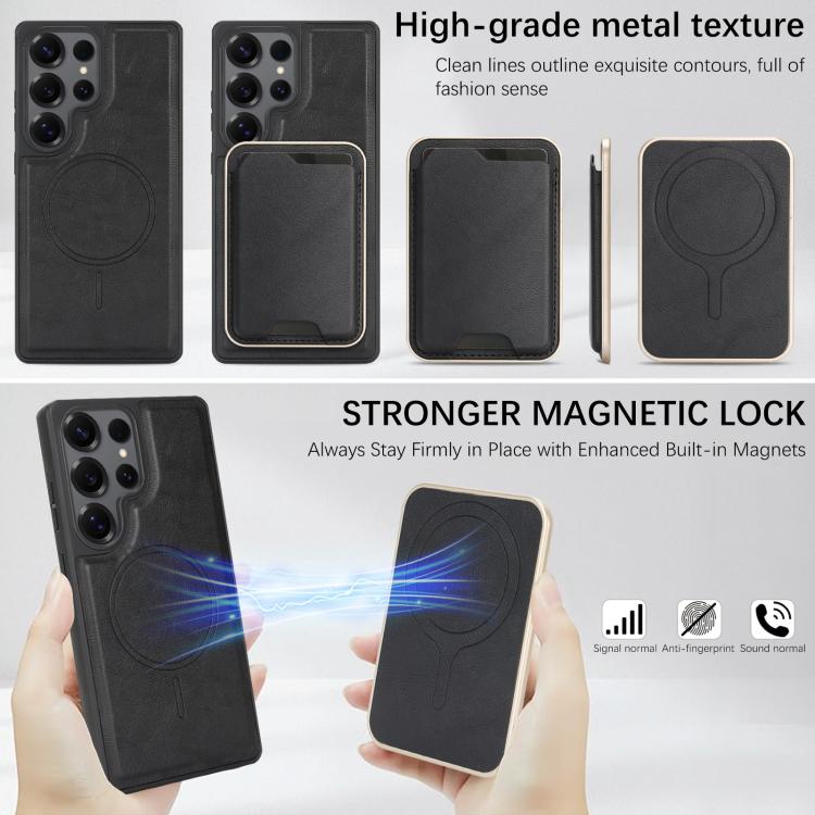 Funda de cuero con etiqueta lateral para Samsung Galaxy S25 Ultra 5G, con anillo magnético Kalebol Slim MagSafe y tarjetero (negro)