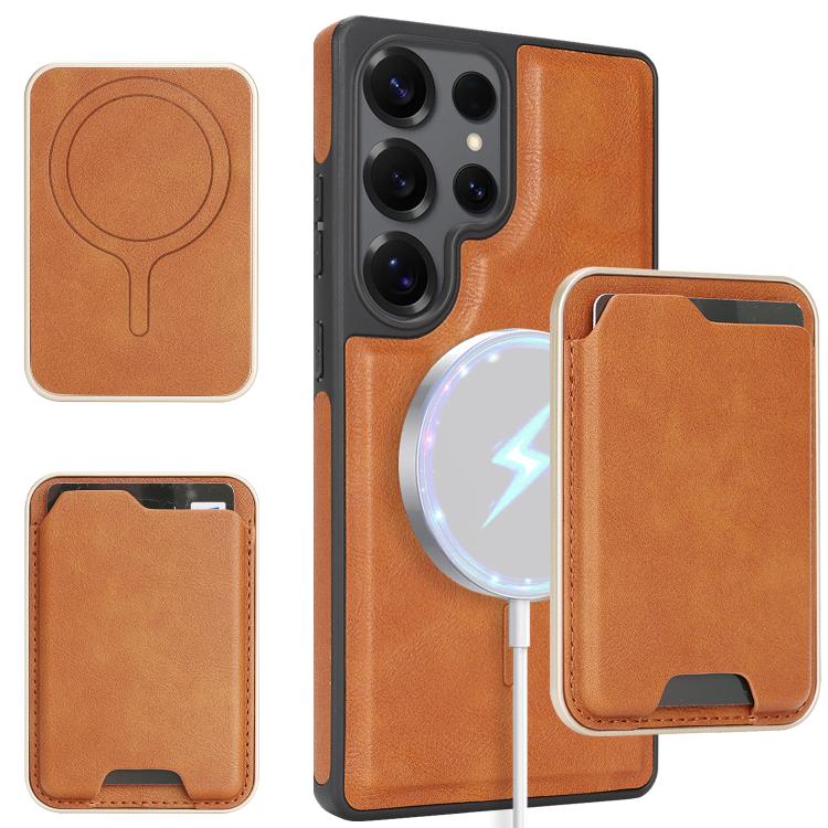 Funda de cuero con etiqueta lateral para Samsung Galaxy S25 Ultra 5G, Kalebol Slim MagSafe Ring, con tarjeta magnética y anillo (marrón)