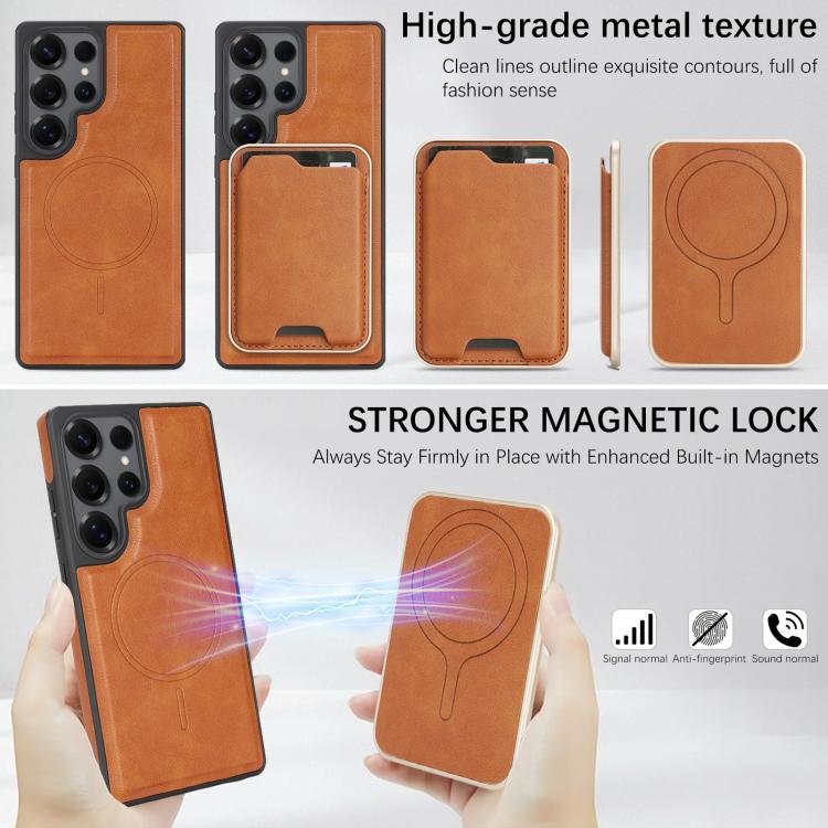Funda de cuero con etiqueta lateral para Samsung Galaxy S25 Ultra 5G, Kalebol Slim MagSafe Ring, con tarjeta magnética y anillo (marrón)